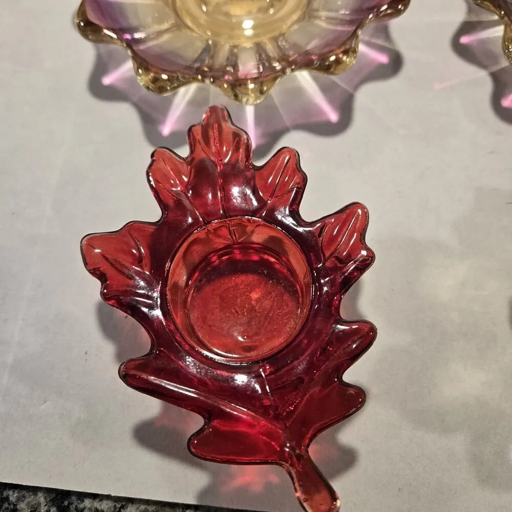 Vintage Federal Glass Celestial Candle Holder Set - Iridescent Sunburst & Autumn